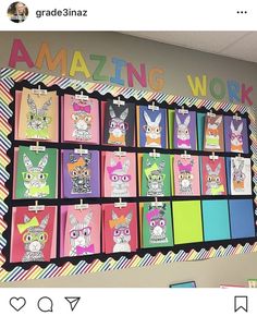 a bulletin board with colorful pictures on it and the words amazing work written in large letters