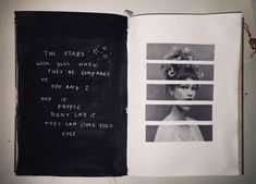 an open book with black and white photos on the page, which has words written in it