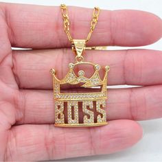 18k Gold Plated Cubic Zirconia Crown Boss Pendant With Chain Plate Jewelry, Jasper Bead Bracelet, Black Diamond Necklace, Raven Necklace, Bling Necklace, Mens Bracelet Silver, Unisex Necklace, Pendant With Chain, Silver Chain Bracelet