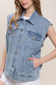 DetailsA denim vest featuring a boxy fit, collar, and functional pockets 100% cotton Denim Vest Outfit, Vest Denim, Vest Outfit, Vest Outfits, Sleeveless Vest, Denim Vest, Blue Black, Blue Color, Collar