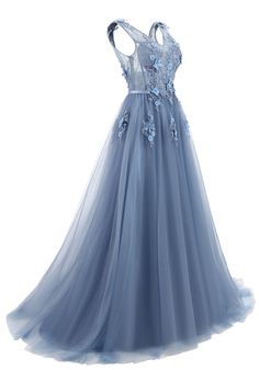 Tulle Appliques V Neck Lace Up Sleeveless Blue Long Evening Dress - Uniqistic.com Floral Prom Dress, Floral Bridesmaid Dresses, Floral Prom Dresses, Floral Bridesmaid, Floral Halter Dress, Long Evening Dress, Prom Dresses For Sale, Blue Evening Dresses, Boho Summer Dresses