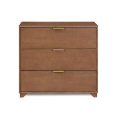 a wooden dresser with two drawers and brass pulls on the bottom, against a white background