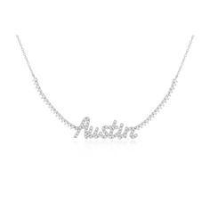 Luxe Diamond Script Name Necklace in 14k white gold with initials AUSTIN Fine Jewelry Name Necklace With Diamond Accents, Fine Jewelry Diamond Name Necklace, Elegant Diamond Name Necklace With Accents, White Gold Name Necklace With Diamond Accents, Luxury Diamond Name Necklace With Accents, Luxury Diamond Accents Name Necklace, Elegant Diamond Nameplate Necklace, Elegant Nameplate Diamond Necklace, Anniversary Diamond Necklace With Chain