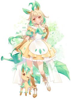 an anime character with green hair and a white dress, standing next to a small dog