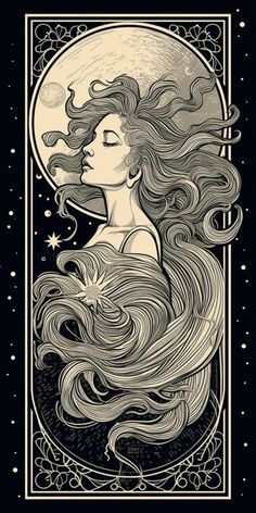 a drawing of a woman with long hair and stars in the sky above her head