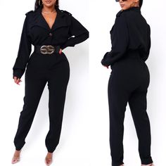 100% Poly Model Wears Small Belt Not Included This Piece Has Some Stretch Black Jumpsuits And Rompers For Office In Fall, Casual Black Pantsuit For Office, Casual Black Office Pantsuit, Casual Black Jumpsuits And Rompers For Office, Casual Black Jumpsuit For Office, Black Pantsuit For Office Wear In Fall, Chic Black Jumpsuits And Rompers With Belt Loops, Fall Office Jumpsuits And Rompers With Pockets, High Waist Belted Jumpsuits For Workwear