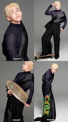 the woman is posing with her skateboard and wearing all black clothing for photoshoot