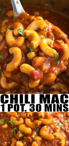 chili macaroni and cheese in a slow cooker with the title above it