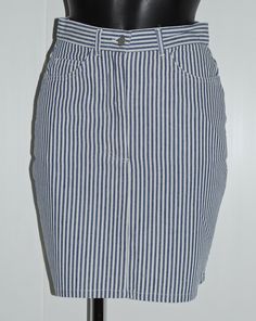 Vintage blue striped skirt MISS DYNAM Size 36 FR In very good condition Size on the label : 38 FR but fits small like a 36 FR (waist: 34 cm).  Composition: cotton 100% Colour: blue and white Length: 47 cm Fitted Striped Mini Skirt With Lining, High Waist Striped Fitted Skirt, Spring Mini Skirt With Vertical Stripes, Fitted Striped Pencil Skirt, Striped Mini Skirt With Lining, Casual Striped Mini Skirt For Work, Blue Striped Skirt, Striped Skirt, Sewing Clothes