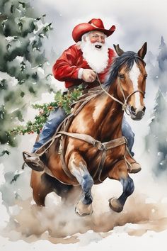 a painting of santa riding a horse in the snow