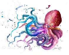 an octopus is painted in watercolor on paper