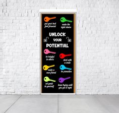 an open door with the words unlock your potential and colorful keys on it in front of a white brick wall