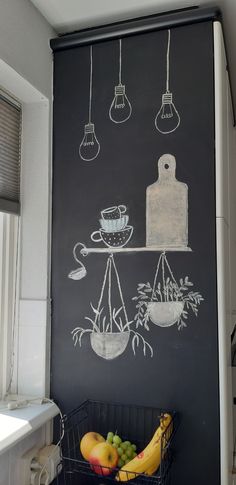 a chalkboard drawing on the side of a wall with fruit in front of it