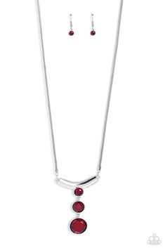 Three gems featuring a fierce red finish slowly increase in size as they link down the chest from a bowing silver frame for a dramatic effect. Features an adjustable clasp closure.

 Sold as one individual necklace. Includes one pair of matching earrings. Silver Shorts, Mobile Boutique, Mixed Metal Jewelry, Red Necklace, Silver Bow, Paparazzi Accessories, Paparazzi Jewelry, Short Necklace, Butterfly Earrings