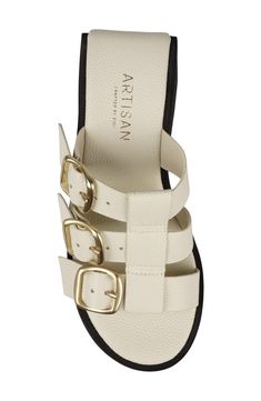 A total of three adjustable buckle straps secure this water-resistant leather sandal set on a toothy platform sole. 2 3/4" heel; 1 1/4" platform Water-resistant Leather upper and lining/synthetic sole Imported Spring T-strap Wedge Sandals With Buckle Closure, Modern Closed Toe Wedge Sandals With Buckle, Adjustable Buckle Closure Synthetic Wedge Sandals, Strapped Heels With Buckle Closure For Summer, Adjustable Heels With Buckle Closure For Vacation, Adjustable White Wedge Sandals With Buckle Closure, Modern Adjustable Footbed Sandals With Buckle Closure, Leather Clogs With Adjustable Buckle Closure, Leather Clogs With Buckle Closure And Adjustable Fit