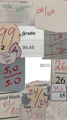 several pieces of paper with numbers and percentages on them, all written in red