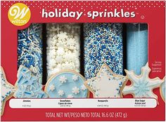 a package of holiday sprinkles with blue and white decorations