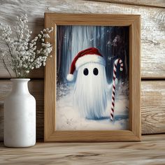 a painting of a ghost with a candy cane in front of it and a white vase next to it