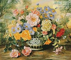 a painting of flowers in a vase on a table