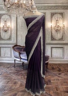 Beautiful purple chinon Georgette saree with stone work and running blouse piece. Indian Long Dress, Cute Eyeshadow Looks, Green Thread, Indian Saree Blouse, Party Sarees, Indian Saree Blouses Designs, Satin Saree, Green Saree, Net Saree