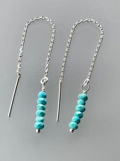 Gorgeous sterling threaders, sterling wrapped perfect turquoise gemstones, faceted rondelles. Handmade Sterling Silver Long Drop Threader Earrings, Turquoise Dangling Beads Sterling Silver Earrings, Turquoise Sterling Silver Earrings With Dangling Beads, Turquoise Faceted Drop Earrings, Sterling Silver Dangle Threader Earrings, Sterling Silver Dangle Threader Earrings For Jewelry Making, Turquoise Sterling Silver Earrings With Silver Beads, Adjustable Faceted Turquoise Jewelry, Turquoise Silver Beads Drop Earrings