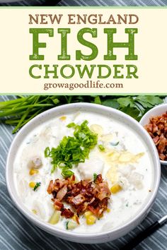 a bowl of fish chowder next to two bowls of rice and green onions on a table