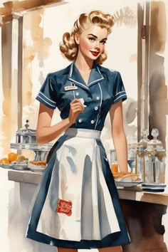 a painting of a woman standing in front of a counter