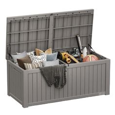 an outdoor storage box filled with lots of items