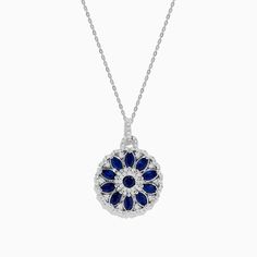 Royale Bleu 14K White Gold Sapphire and Diamond Pendant Luxury Sapphire Round Necklace, Luxury Sapphire Round Necklaces, Elegant Sapphire Necklaces, Formal Necklace With Polished Flower Pendant, Formal Flower Pendant Necklace With Polished Finish, Elegant Sapphire Diamond Necklace For Formal Occasions, Elegant Necklaces With Flower Pendant And Polished Finish, Exquisite Sapphire Round Necklaces, Elegant Sapphire Necklace With Brilliant Cut