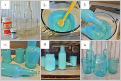 several pictures showing how to make blue glass bottles