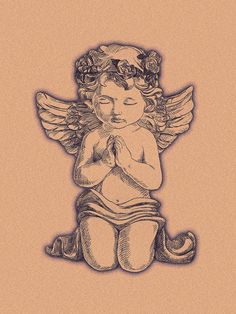 a drawing of an angel sitting on the ground with its hands folded in front of her chest