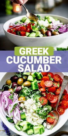 greek cucumber salad with red onions, tomatoes and green olives in a white bowl