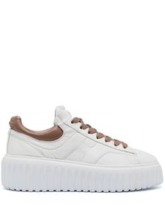 logo-embroidered low-top sneakers from HOGAN featuring white, brown, nappa leather, front lace-up fastening, logo-print tongue, panelled design, round toe, branded insole and flat rubber sole. Hogan Shoes, Hogan Sneakers, Shoes Trainers, Nappa Leather, Sneakers White, Logo Embroidered, Summer Shoes, Leather Sneakers, Logo Print