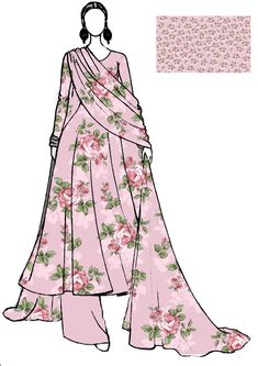 a drawing of a woman wearing a pink dress with flowers on it and a flowered shawl