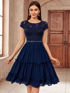 Floral Lace Round Neck Sequin Belt Layered Hem Prom Party Swing Dress Elegant Semi Formal Wedding Guest Dress, For Birthday, Graduation, Homecoming Navy Blue Elegant  Cap Sleeve Lace Plain  Slight Stretch  Weddings & Events, size features are:Bust: ,Length: ,Sleeve Length: Party Dresses For Women Night Classy, Royal Blue Prom Dress Long, Navy Wedding Dress, Prom Dresses Short Blue, فستان زهري, Blue High Low Dress, Women Prom Dresses, Semi Formal Wedding, Formal Wedding Guest Dress