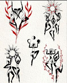 four different designs on white paper with red and black inking, each depicting an individual's body