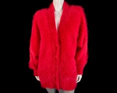 80% Angora Fuzzy Vintage VENESHA Red Lined V-Neck Cardigan Sweater Jacket 46" bust Red Fitted V-neck Outerwear, Red V-neck Cardigan For Spring, Red V-neck Spring Cardigan, Red V-neck Sweater For Spring, Red Long Sleeve V-neck Sweater For Winter, Vintage Red Cardigan For Spring, Red Vintage Cardigan For Spring, Vintage Red V-neck Outerwear, Fitted Red V-neck Outerwear