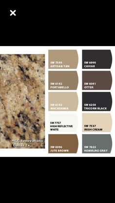 the color scheme for this granite countertop is brown, white and gray with black accents