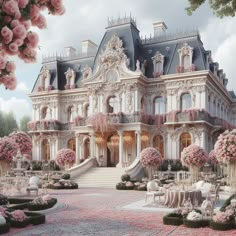 an elaborately designed house with pink flowers in the foreground and stairs leading up to it