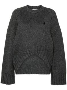 charcoal grey wool-cashmere blend ribbed knit flocked logo crew neck drop shoulder long sleeves ribbed cuffs and hem high-low hem The Attico, Jacquard Sweater, Wardrobe Edit, Grey Knit Sweater, Sweater Grey, Ribbed Knit Sweater, Brown Sweater, Ribbed Sweater, Thom Browne