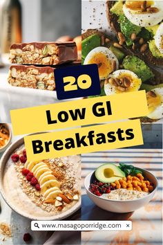 the words low gly breakfasts are overlaid with images of food and drinks