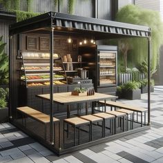 an outdoor food stand with benches and tables