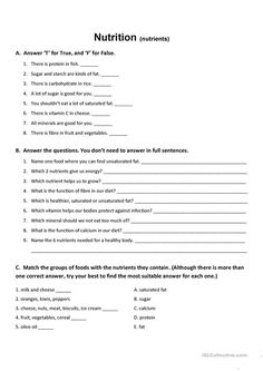 the worksheet for an activity on nutrition