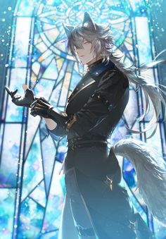 an anime character is standing in front of a stained glass window with her hands out