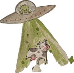 a drawing of a cow with an alien hat on it's head