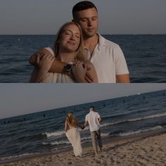 a man and woman holding hands on the beach