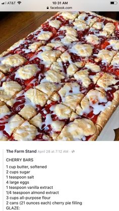 an image of a pie with cherry toppings on it and the recipe listed below