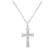 Display your faith beautifully with the elegant craftsmanship of this sterling silver cross pendant. Classic Sterling Silver Cross Charm, Elegant Cross Necklaces With Sterling Silver Clasp, Silver Cross Pendant With Sterling Silver Clasp, Classic Engraved Cross Pendant Jewelry, Sterling Silver Cross Charms With Polished Finish, Classic Sterling Silver Cross Pendant Necklace, Sterling Silver Cross Pendant Jewelry, Elegant Engraved Cross Pendant, Elegant Sterling Silver Cross Charms And Jewelry