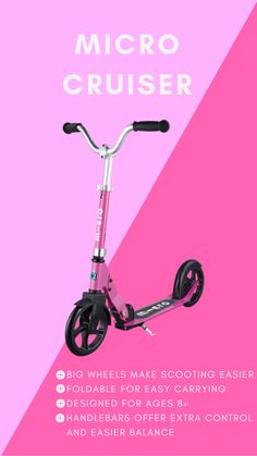 the micro cruiser scooter is pink and has wheels that can be adjusted to allow for easy carrying