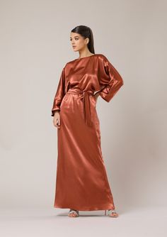 Copper Bridesmaid Dresses, Women Elegant Dress, Copper Dress, Satin Dresses Long Sleeve, Beach Bridesmaid Dresses, Summer Bridesmaid Dresses, Long Sleeve Dress Formal, Silky Dress, Summer Wedding Dress